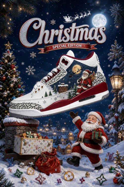 Custom Gradient Hand‑Painted AJ3 Sneakers Christmas Special Edition Santa Snowflake Winter Holiday Custom Basketball Shoes