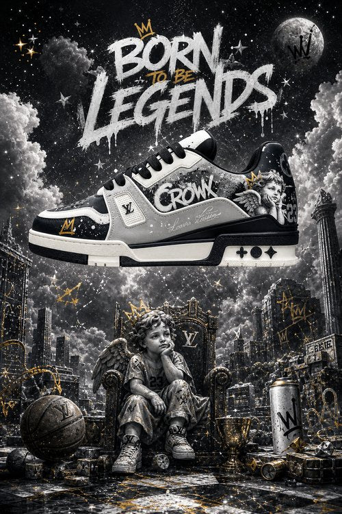 LV Custom Gradient Hand‑Painted Sneakers Born To Be Legends Black‑Gold Angel Graffiti Royal Chunky Trainer Shoes