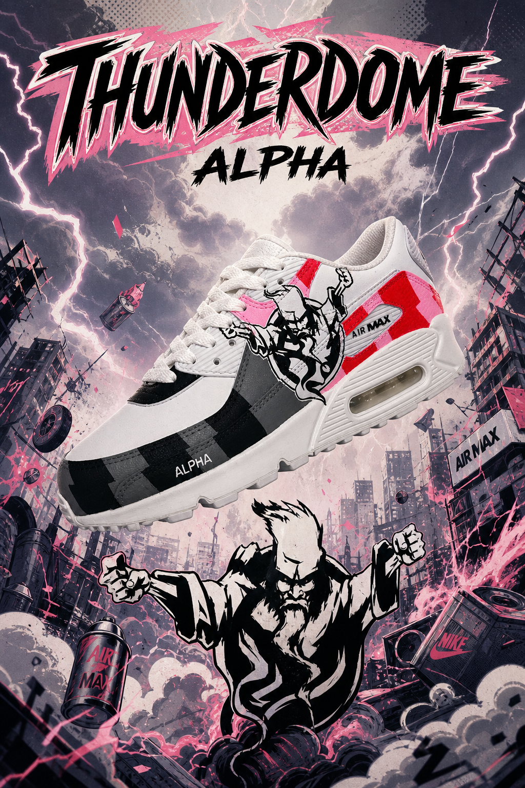 Hand‑Painted Nike Air Max 90‑White Pink Red Checkered Warrior Character Alpha Text Custom Air Cushion Sneakers