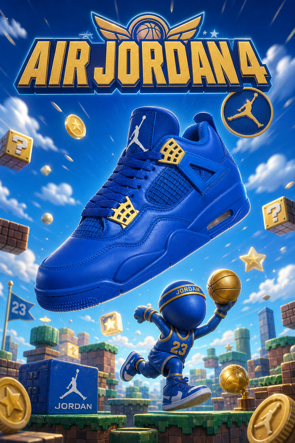Custom Gradient Hand‑Painted AJ4 Sneakers Royal Blue Gold Retro Game‑Themed Custom Basketball Shoes