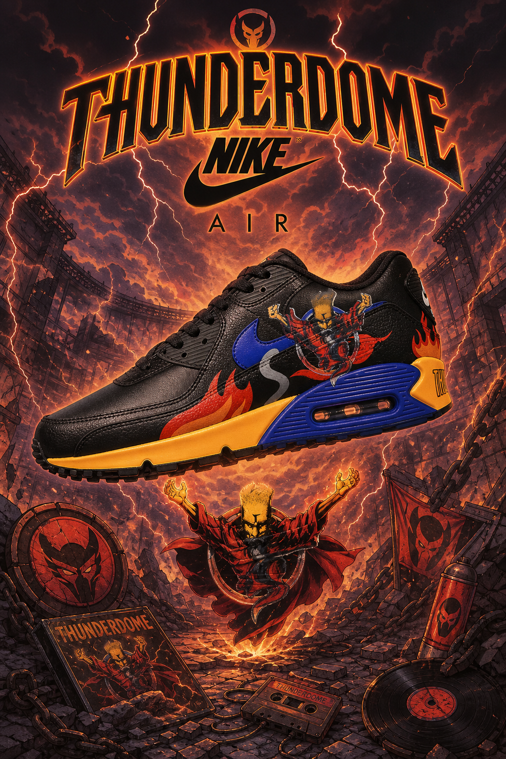 Hand‑Painted Nike Air Max 90‑Black Blue Yellow Red Flame Demon Character Custom Air Cushion Sneakers