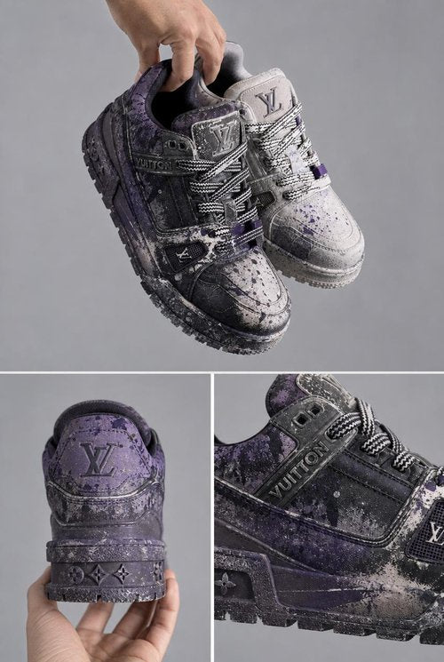 LV Custom Gradient Hand‑Painted Sneakers Dark Aurora Limited Edition Black Purple Cosmic Distressed Galaxy Style Casual Trainer Shoes