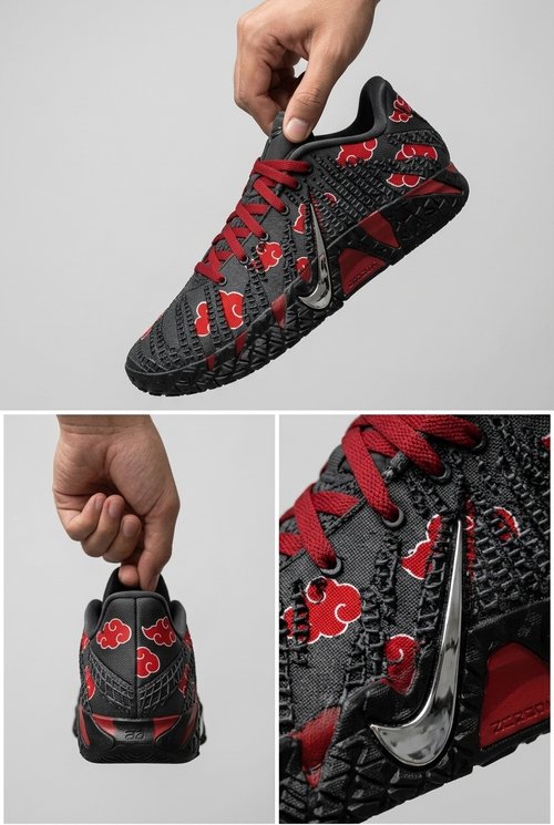 Custom Nike Ja 3 Basketball Shoes, Hand Painted Akatsuki Edition Ninja Design with Black Red Anime Artwork