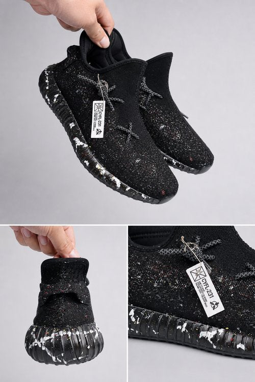 Hand‑painted YEEZY 350 V2 Shoes – Dark Cyber Splatter Paint Tag Label Gothic Moon Castle Themed, Boost Custom Sneakers