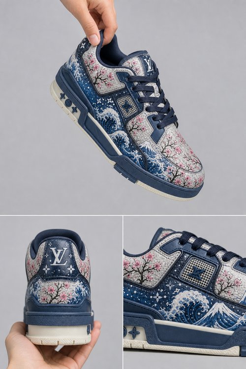 LV Custom Gradient Hand‑Painted Sneakers Sakura Japanese Ukiyo‑e Wave Cherry Blossom Art Chunky Trainer Shoes