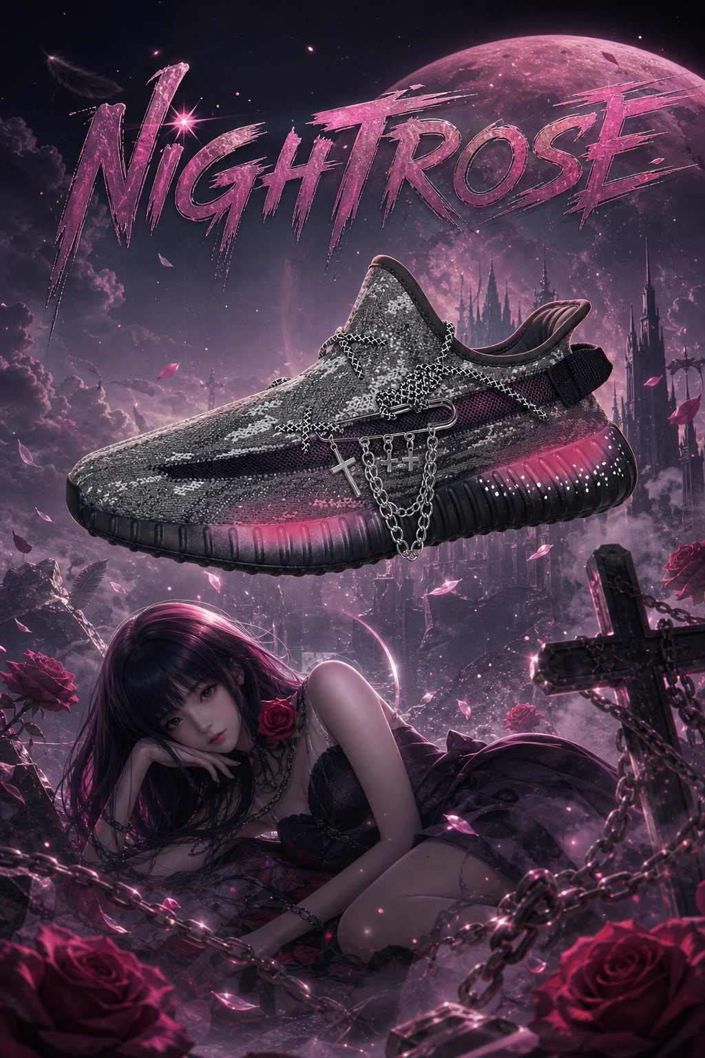 Hand‑painted YEEZY 350 V2 Shoes – Night Rose Gothic Dark Pink Rose Cross Chain Themed, Boost Custom Sneakers