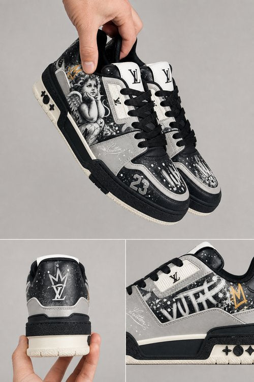 LV Custom Gradient Hand‑Painted Sneakers Born To Be Legends Black‑Gold Angel Graffiti Royal Chunky Trainer Shoes