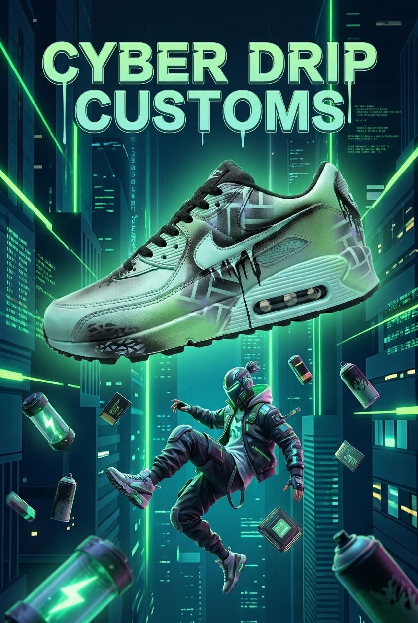Hand Painted Nike Air Max Sneakers, Custom Cyber Drip Futuristic Design Shoes with Neon Green Tech Artwork