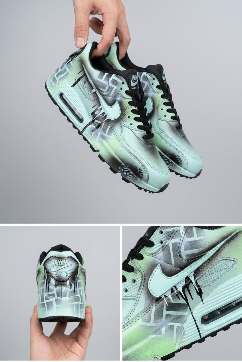 Hand Painted Nike Air Max Sneakers, Custom Cyber Drip Futuristic Design Shoes with Neon Green Tech Artwork