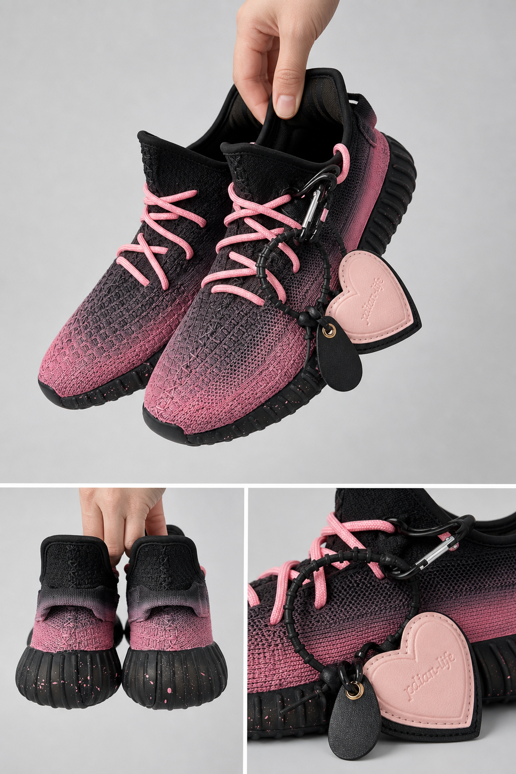 Hand‑painted YEEZY 350 V2 Shoes – Dark Pink Gradient Gothic Bunny Heart Keychain Moon Butterfly Themed, Boost Custom Sneakers