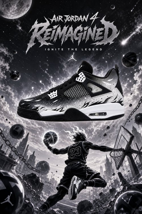 Custom Gradient Hand‑Painted AJ4 Sneakers Reimagined Black‑White Flame Galaxy Splash Custom Basketball Shoes
