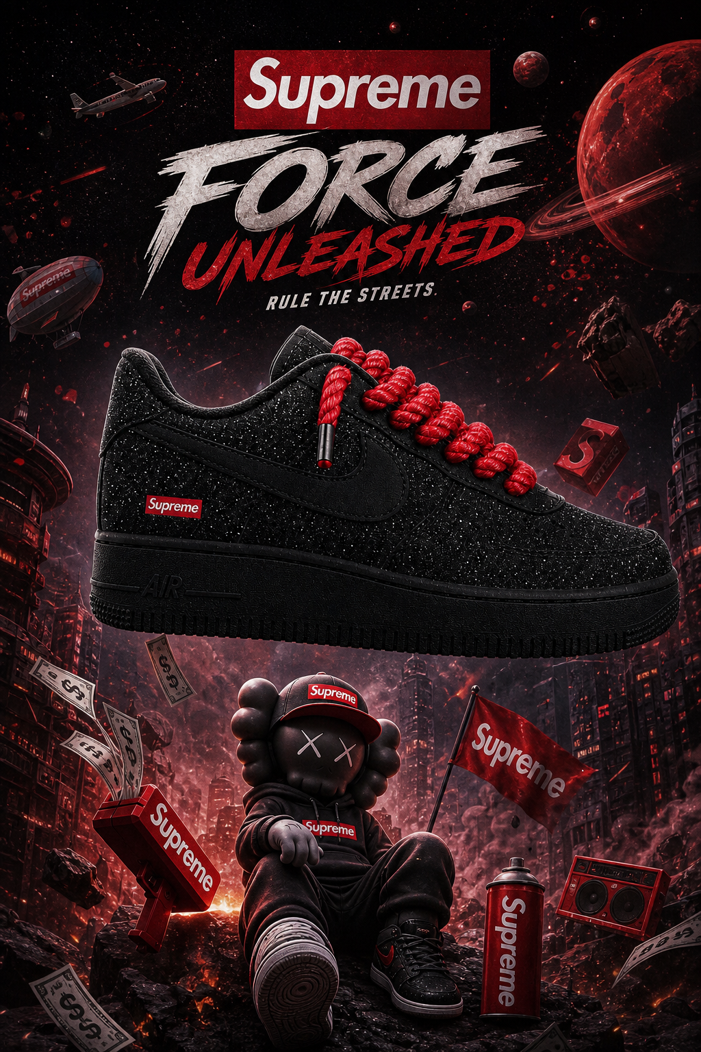 Hand-Crafted Rework Black Galaxy Sneakers with Red Custom Laces & Streetwear Cosmic Design