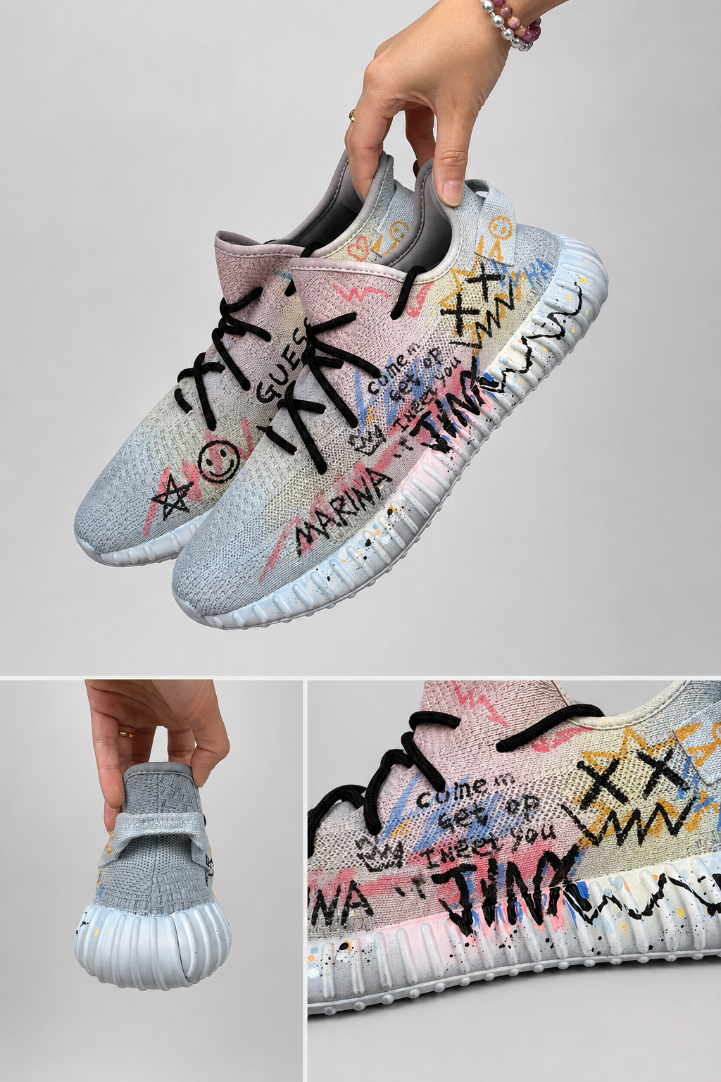Hand‑painted YEEZY 350 V2 Shoes – Alien Vibes Space Colorful Graffiti Doodle Cosmic Themed, Boost Custom Sneakers