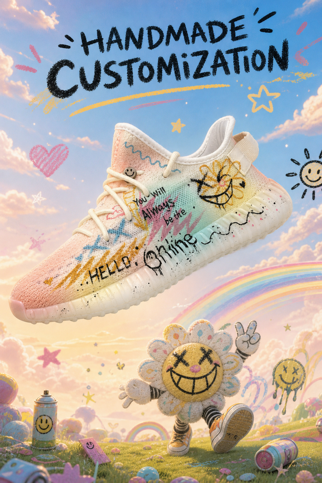 Hand‑painted YEEZY 350 V2 Shoes – Pastel Rainbow Sunflower Smiley Doodle Positive Quote Graffiti Themed, Boost Custom Sneakers