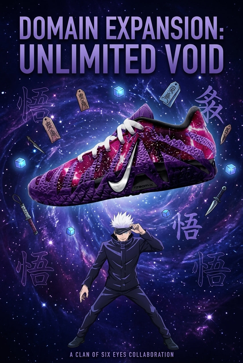 Custom Nike Ja 3 Basketball Shoes, Hand Painted Unlimited Void Domain Expansion Design with Purple Cosmic Anime Artwork