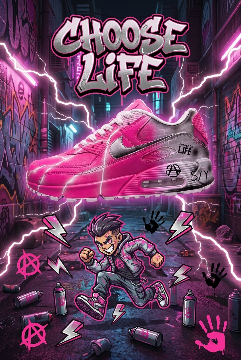 Hand Painted Nike Air Max Sneakers, Custom Choose Life Neon Graffiti Design Shoes with Pink Lightning Artwork