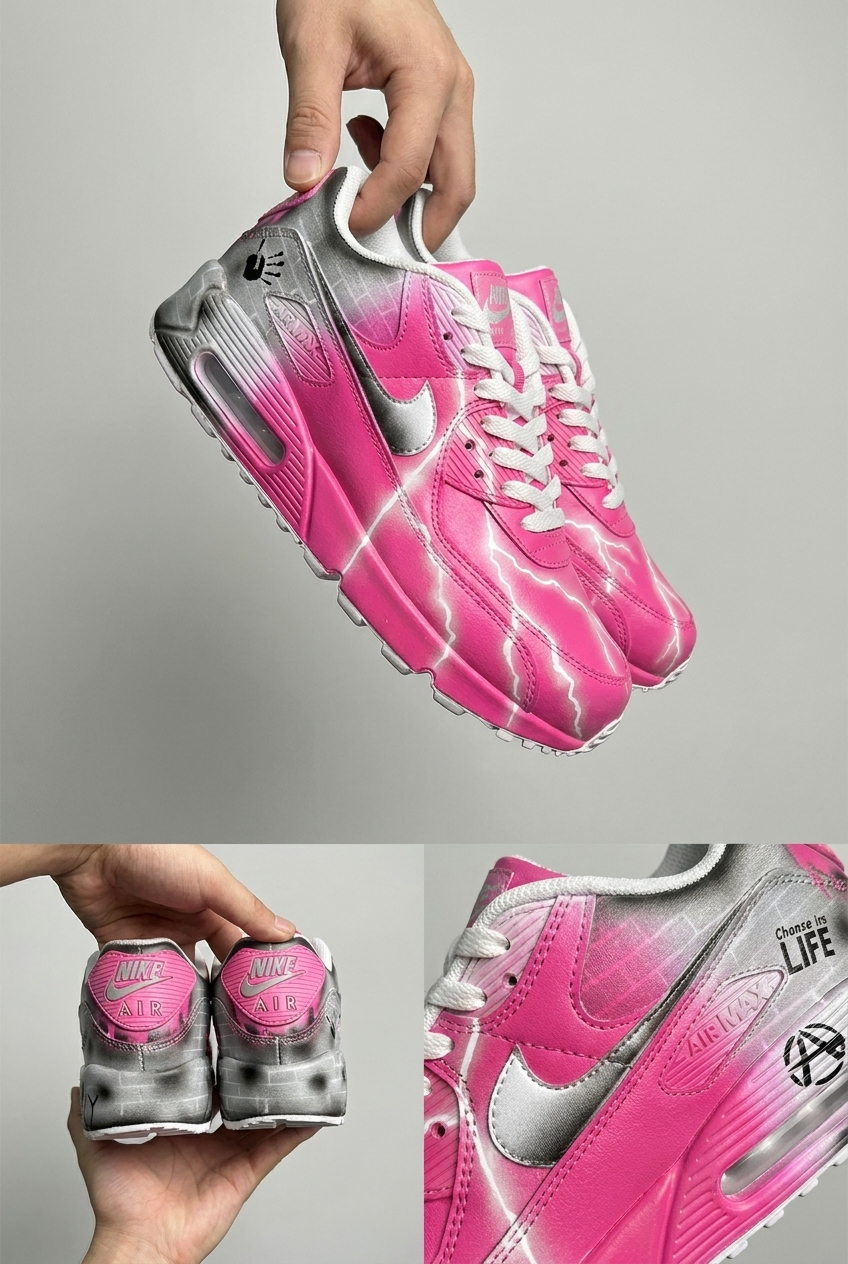 Hand Painted Nike Air Max Sneakers, Custom Choose Life Neon Graffiti Design Shoes with Pink Lightning Artwork