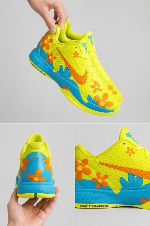 Custom Kobe Basketball Shoes – Mystery Bloom Floral Design, Aqua Yellow Handmade Basketball Sneakers