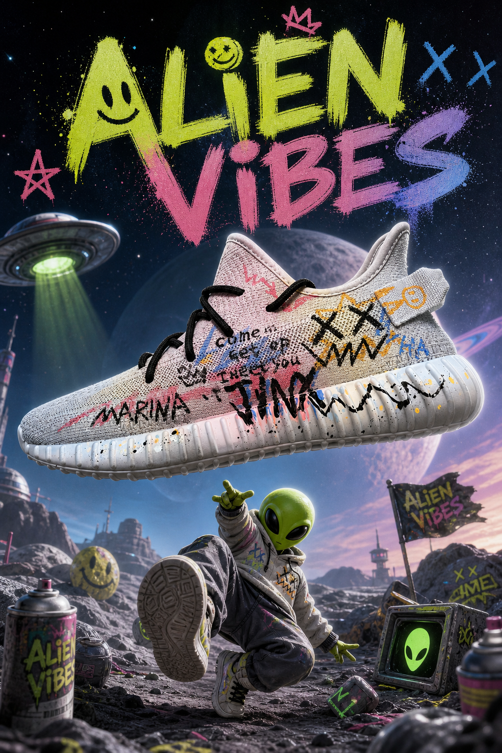 Hand‑painted YEEZY 350 V2 Shoes – Alien Vibes Space Colorful Graffiti Doodle Cosmic Themed, Boost Custom Sneakers