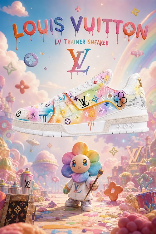 LV Custom Gradient Hand‑Painted Sneakers Rainbow Drip Paint Pastel Graffiti Fantasy Candy Land Chunky Trainer Shoes