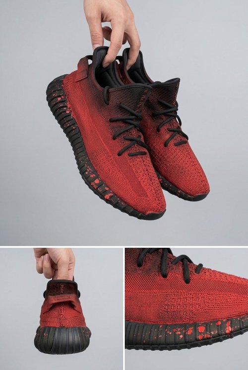 Hand‑painted YEEZY 350 V2 Shoes – Forbidden Shoe Horror Ninja Red‑Black Gradient Splatter Blood Themed, Boost Custom Sneakers