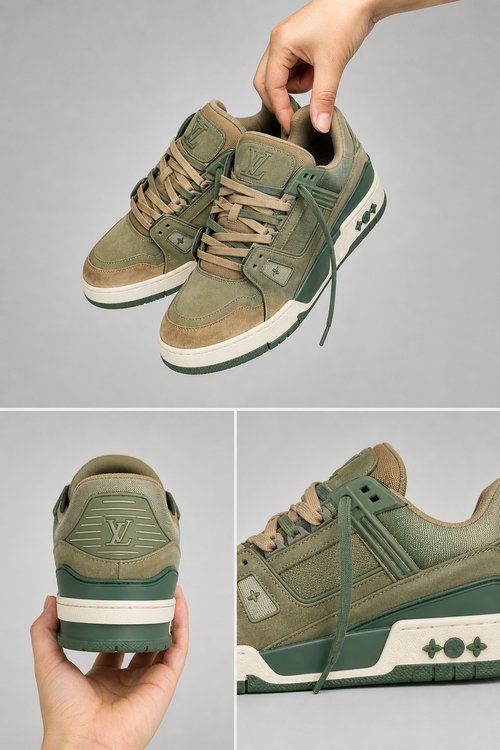 LV Custom Gradient Hand‑Painted Sneakers Voyage Beyond Time Jungle Explorer Vintage Moss Green Archaeological Ruins Chunky Trainer Shoes