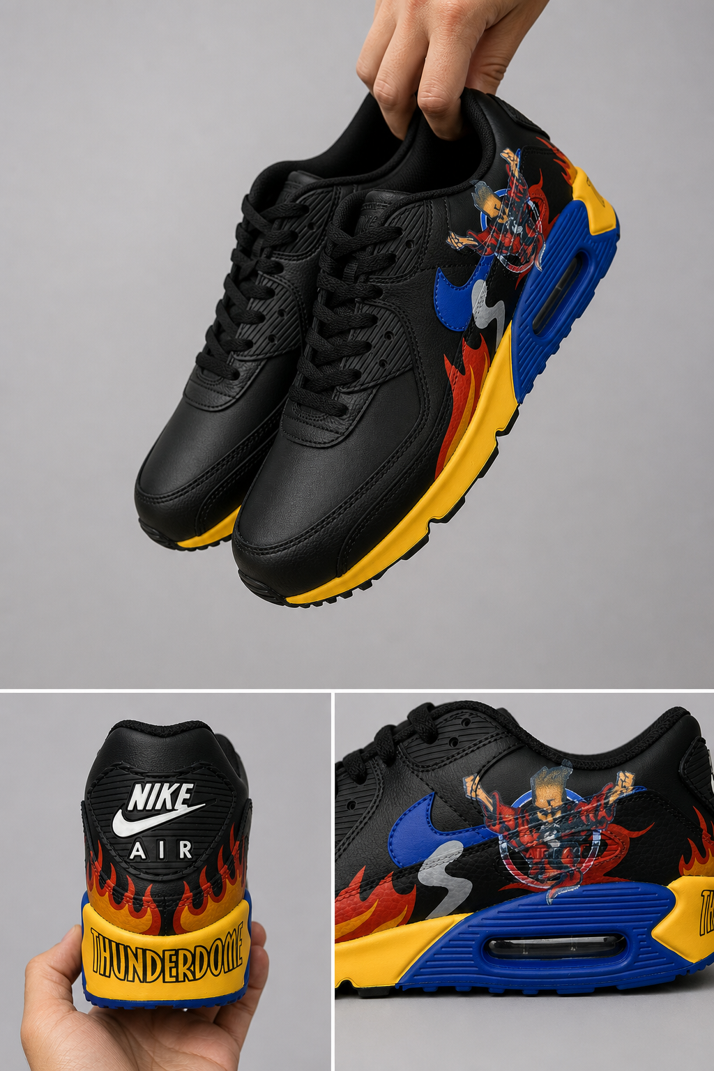 Hand‑Painted Nike Air Max 90‑Black Blue Yellow Red Flame Oriental Warrior Character Custom Air Cushion Sneakers