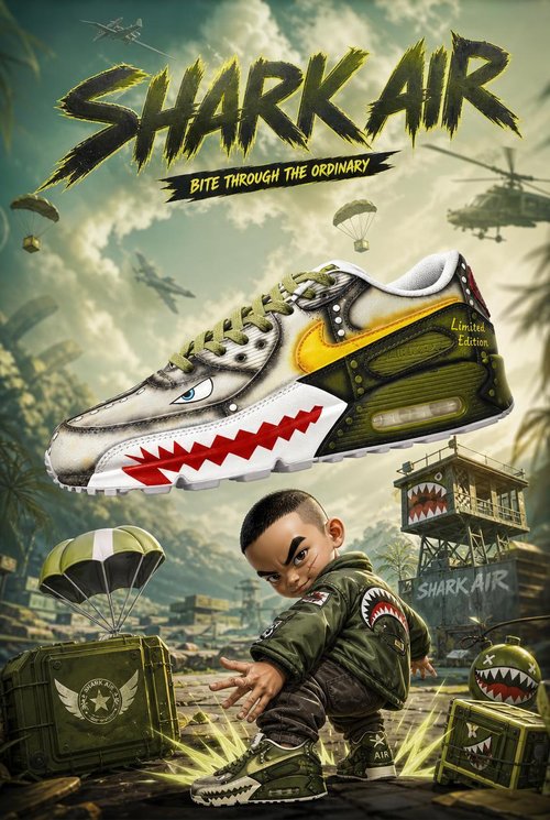 Hand‑Painted Nike Air Max 90‑Military Green Shark Mouth Warplane Theme Custom Air Cushion Sneakers