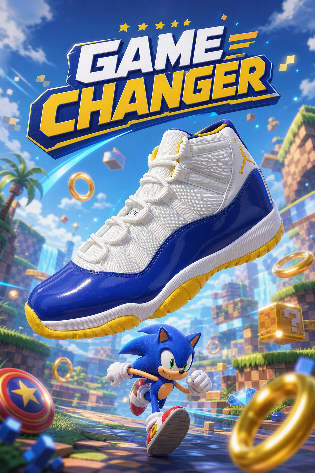 Personalized Custom Sneakers – Game Changer Sonic Themed White Blue Yellow High‑Top Custom Basketball Shoes
