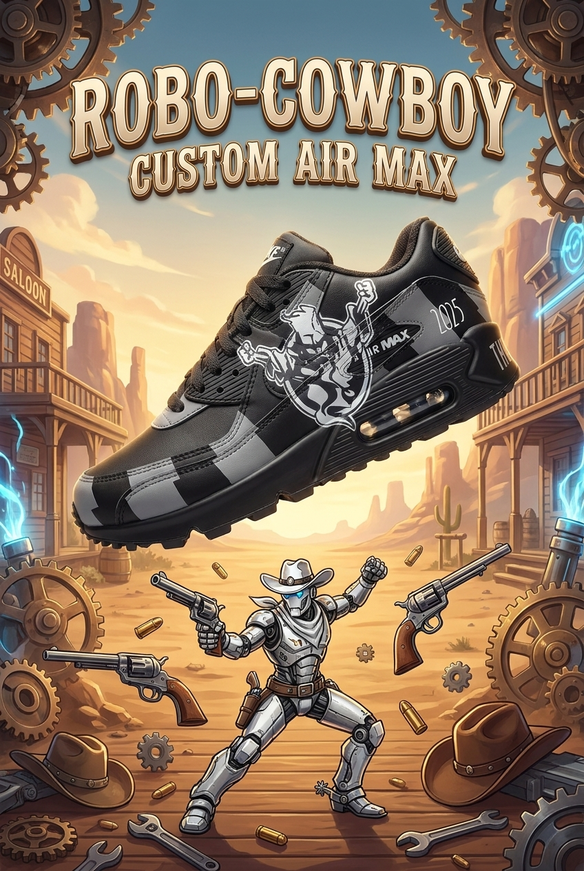 Hand Painted Nike Air Max Sneakers, Custom Robo Cowboy Western Design Shoes with Cyber Robot Artwork