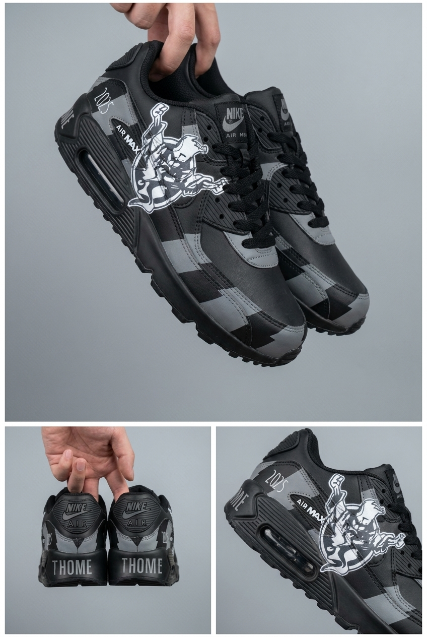 Hand Painted Nike Air Max Sneakers, Custom Robo Cowboy Western Design Shoes with Cyber Robot Artwork