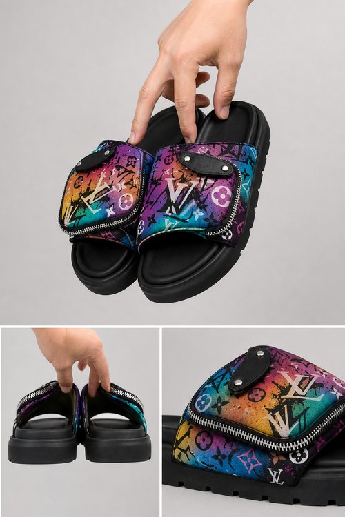LV Custom Gradient Hand‑Painted Slides Neon Rainbow Graffiti Pouch‑Design Urban Night City Fashion Slide Sandals