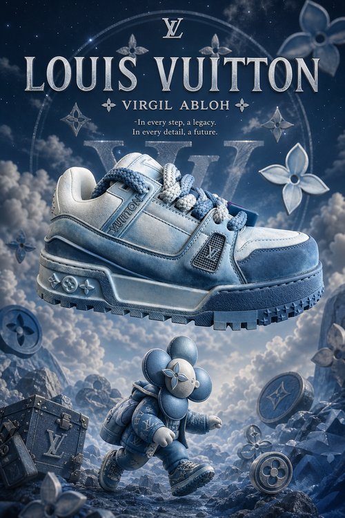 LV Custom Gradient Hand‑Painted Sneakers Deep Denim Blue Cloud Vintage Wash Chunky Trainer Casual Shoes