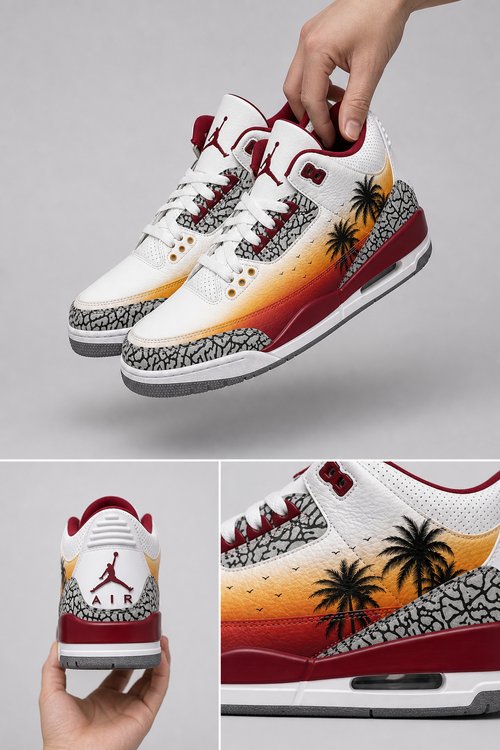 Custom Gradient Hand‑Painted AJ3 Sneakers Miami Vice Sunset Palm Tree Elephant Print Custom Basketball Shoes