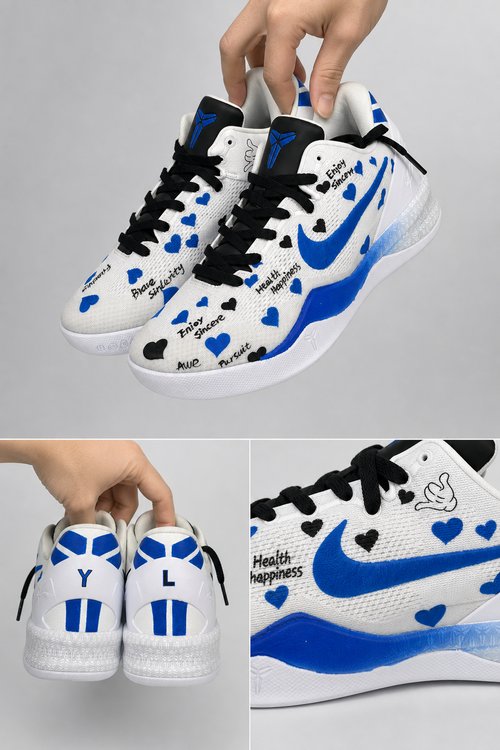 Personalized Custom Sneakers‑Blue Black Heart Graffiti Inspirational Text White Custom Basketball Shoes