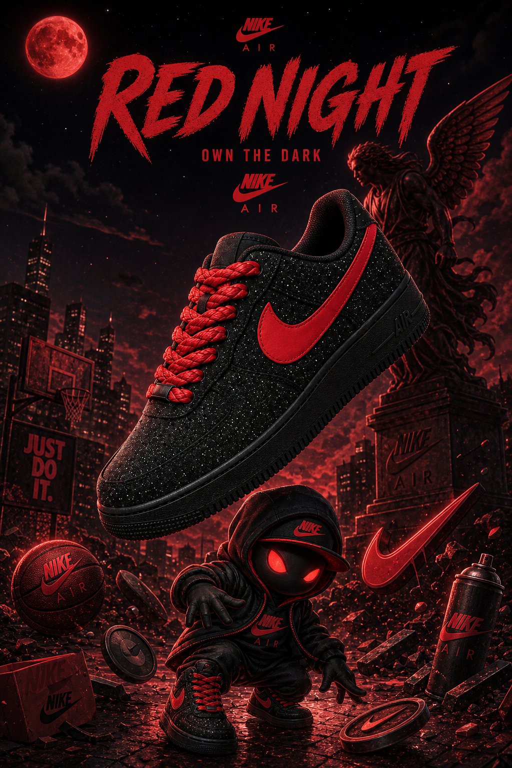 Hand-Crafted Rework Galaxy Custom Sneakers with Red Swoosh & Chunky Laces – Black Starry Night Air Shoes
